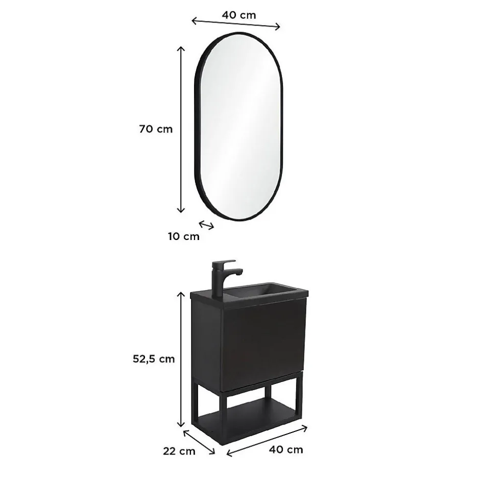 Mob-In Ensemble lave-mains NOVA métal et bois avec robinet noir et miroir ovale* Lave-Mains