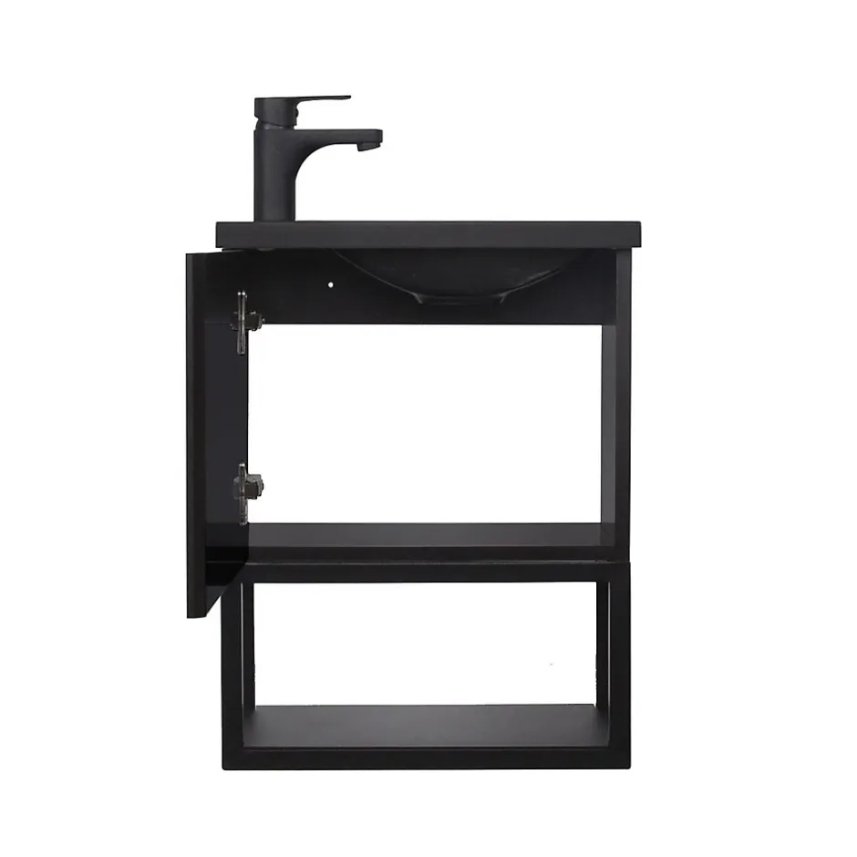 Mob-In Ensemble lave-mains NOVA métal et bois avec robinet noir et miroir ovale* Lave-Mains