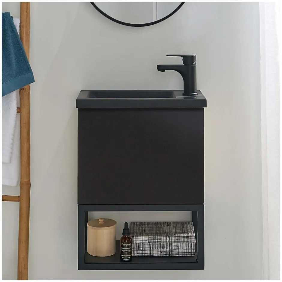 Mob-In Ensemble lave-mains NOVA suspendu métal et bois avec robinet noir* Lave-Mains