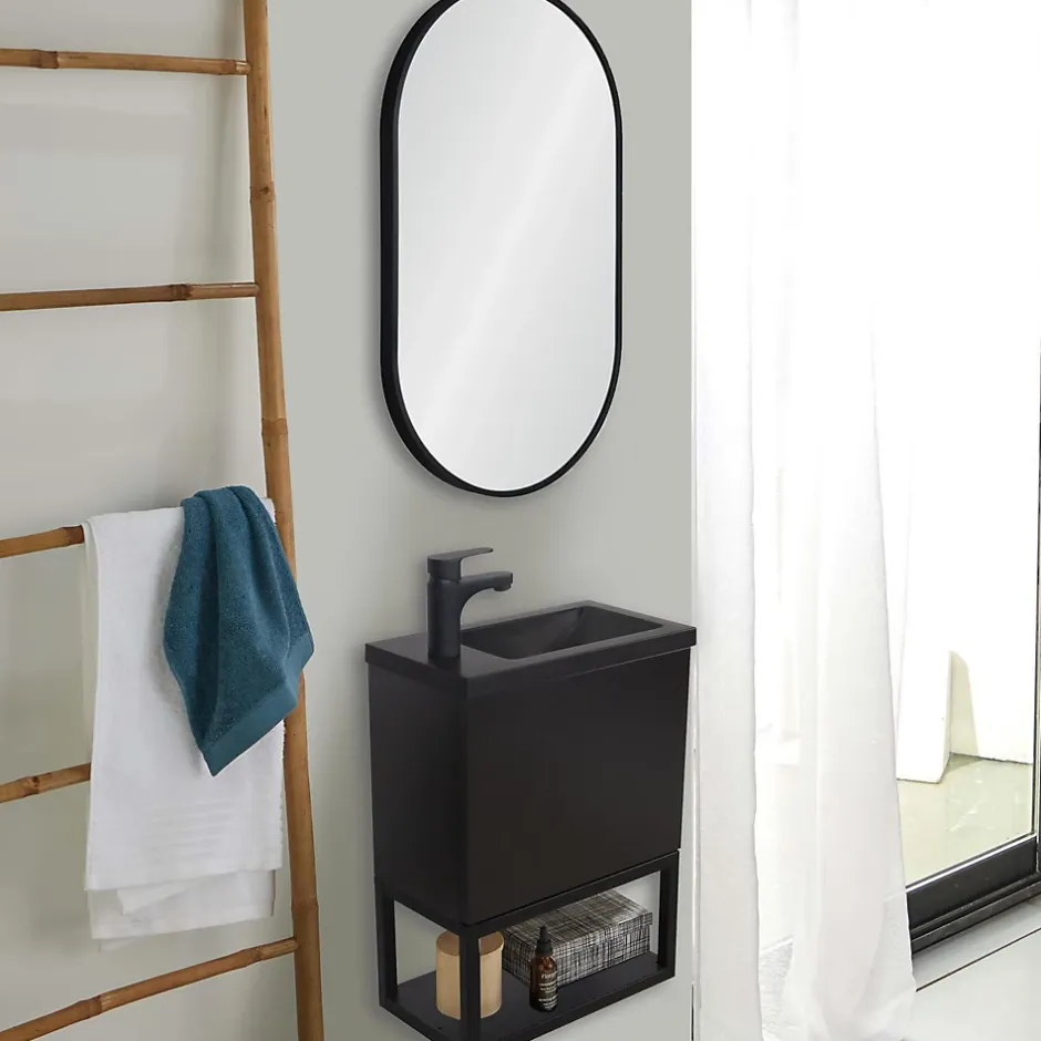 Mob-In Ensemble lave-mains NOVA suspendu métal et bois avec robinet noir* Lave-Mains