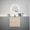 AICA Sanitaire Ensemble L.60cm meuble vasque 2 tiroirs + lavabo + LED miroir rond 60cm,chêne* Ensemble Meuble De Salle De Bains
