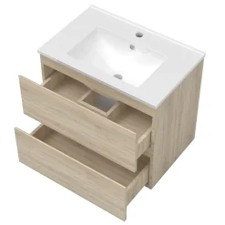 AICA Sanitaire Ensemble L.60cm meuble vasque 2 tiroirs + lavabo + LED miroir rond 60cm,chêne* Ensemble Meuble De Salle De Bains