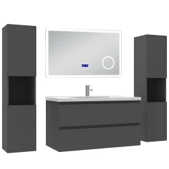 AICA Sanitaire Ensemble meuble 100 cm anthracite avec 2 tiroirs, lavabo céramique + Miroir Bluetooth tricolore + 2 colonnes hautes, suspendu