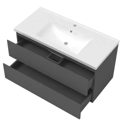 AICA Sanitaire Ensemble meuble 100 cm anthracite avec 2 tiroirs, lavabo céramique + Miroir Bluetooth tricolore + 2 colonnes hautes, suspendu