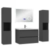 AICA Sanitaire Ensemble meuble 80 cm anthracite avec 2 tiroirs, lavabo céramique + Miroir Bluetooth tricolore + 2 colonnes hautes, suspendu