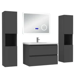 AICA Sanitaire Ensemble meuble 80 cm anthracite avec 2 tiroirs, lavabo céramique + Miroir Bluetooth tricolore + 2 colonnes hautes, suspendu