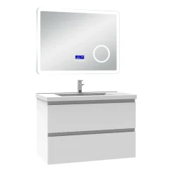 AICA Sanitaire Ensemble meuble 80 cm blanc avec 2 tiroirs à fermeture automatique, lavabo céramique + miroir Bluetooth tricolore, suspendu* Ensemble Meuble De Salle De Bains