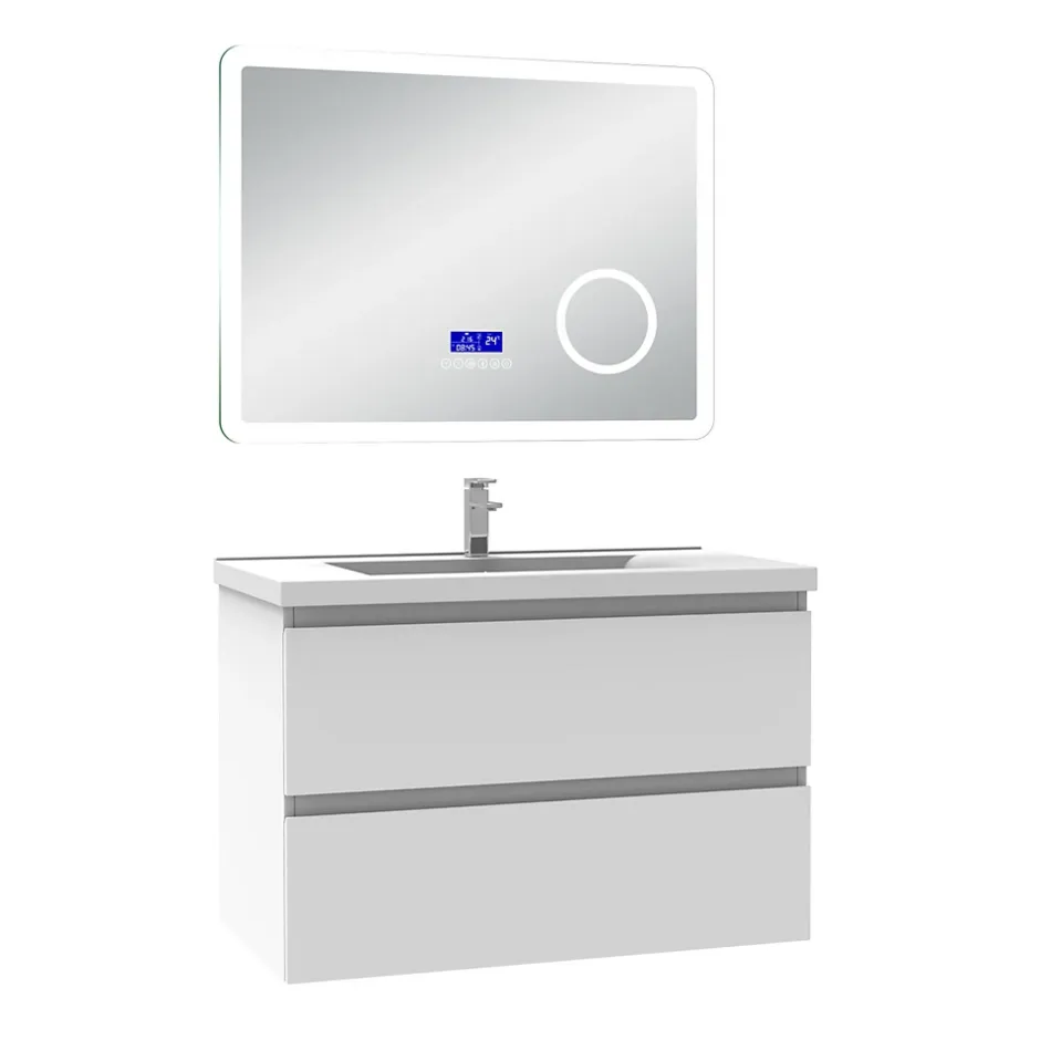 AICA Sanitaire Ensemble meuble 80 cm blanc avec 2 tiroirs à fermeture automatique, lavabo céramique + miroir Bluetooth tricolore, suspendu* Ensemble Meuble De Salle De Bains