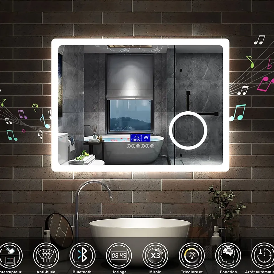 AICA Sanitaire Ensemble meuble 80 cm blanc avec 2 tiroirs à fermeture automatique, lavabo céramique + miroir Bluetooth tricolore, suspendu* Ensemble Meuble De Salle De Bains