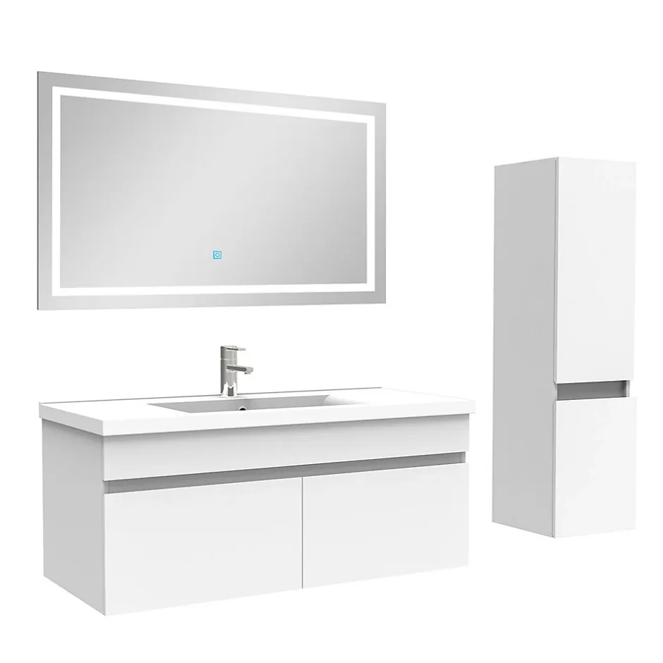 AICA Sanitaire Ensemble meuble + vasque + miroir lumineux + colonne 100cm meuble salle de bain Blanc* Ensemble Meuble De Salle De Bains