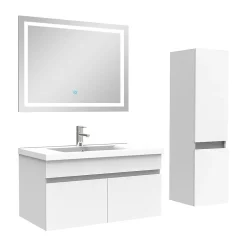 AICA Sanitaire Ensemble meuble + vasque + miroir lumineux + colonne 80cm meuble salle de bain Blanc