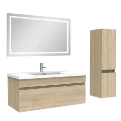 AICA Sanitaire Ensemble meuble + vasque + miroir lumineux + colonne 100cm meuble salle de bain Chêne Wotan
