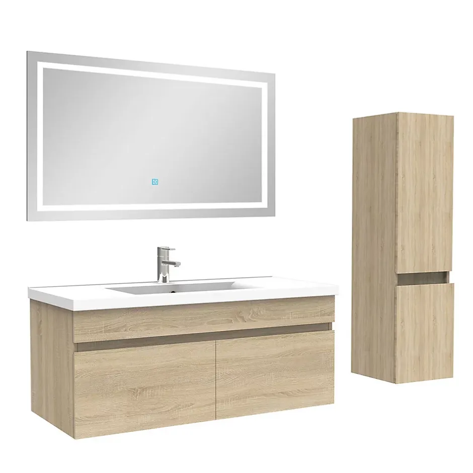 AICA Sanitaire Ensemble meuble + vasque + miroir lumineux + colonne 100cm meuble salle de bain Chêne Wotan