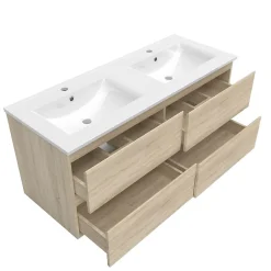 AICA Sanitaire Ensemble meuble 2 vasque L.120cm 4 tiroirs + lavabo + LED miroir + colonne,chêne design