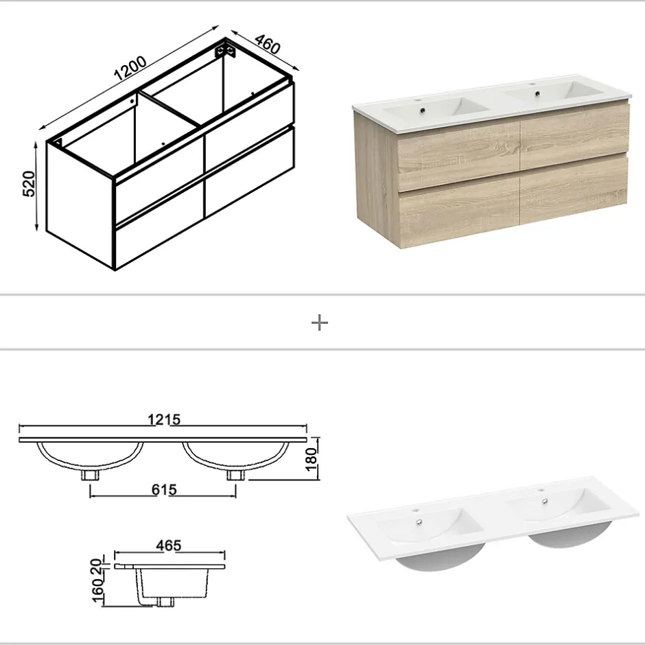 AICA Sanitaire Ensemble meuble 2 vasque L.120cm 4 tiroirs + lavabo + LED miroir + colonne,chêne design