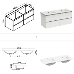 AICA Sanitaire Ensemble meuble 2 vasque L.120cm 4 tiroirs + lavabo + LED miroir + colonne,blanc,A