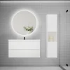 AICA Sanitaire Ensemble meuble blanc et vasque L.100cm 2 tiroirs + colonne haut + lavabo + miroir 60x60cm-suspendu