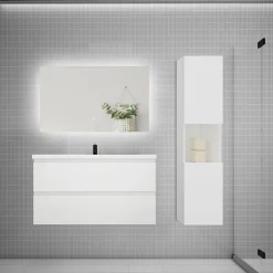 AICA Sanitaire Ensemble meuble blanc et vasque L.100cm 2 tiroirs + colonne haut + lavabo + miroir 80x60cm-suspendu* Ensemble Meuble De Salle De Bains
