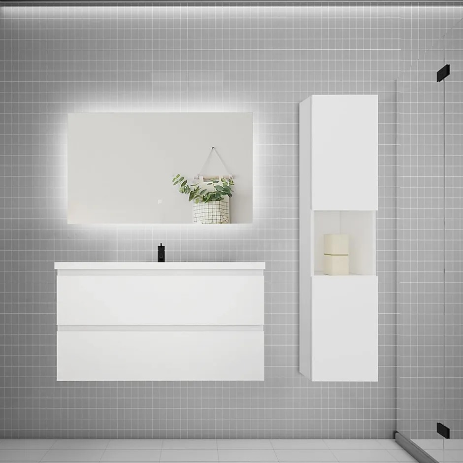 AICA Sanitaire Ensemble meuble blanc et vasque L.100cm 2 tiroirs + colonne haut + lavabo + miroir 80x60cm-suspendu* Ensemble Meuble De Salle De Bains
