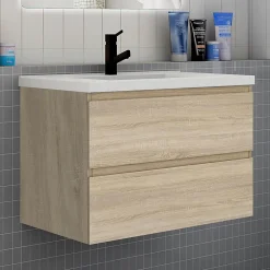 AICA Sanitaire Ensemble meuble chêne et vasque L.80cm 2 tiroirs + colonne x2 haut + lavabo + miroir 80x60cm-suspendu