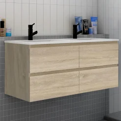 AICA Sanitaire Ensemble meuble chêne et vasque L.120cm 4 tiroirs + colonne haut + lavabo + miroir 80x60cm x2-suspendu* Ensemble Meuble De Salle De Bains