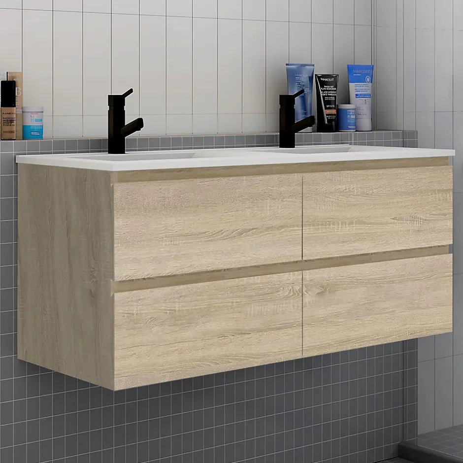 AICA Sanitaire Ensemble meuble chêne et vasque L.120cm 4 tiroirs + colonne haut + lavabo + miroir 80x60cm x2-suspendu* Ensemble Meuble De Salle De Bains