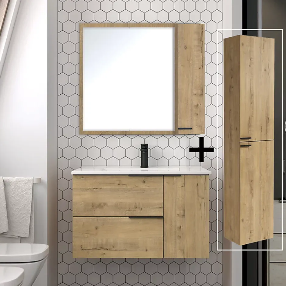 Cosyneo Ensemble meuble de salle de bain 80cm vasque déportée + colonne de rangement - KING - Roble (chêne clair)* Ensemble Meuble De Salle De Bains