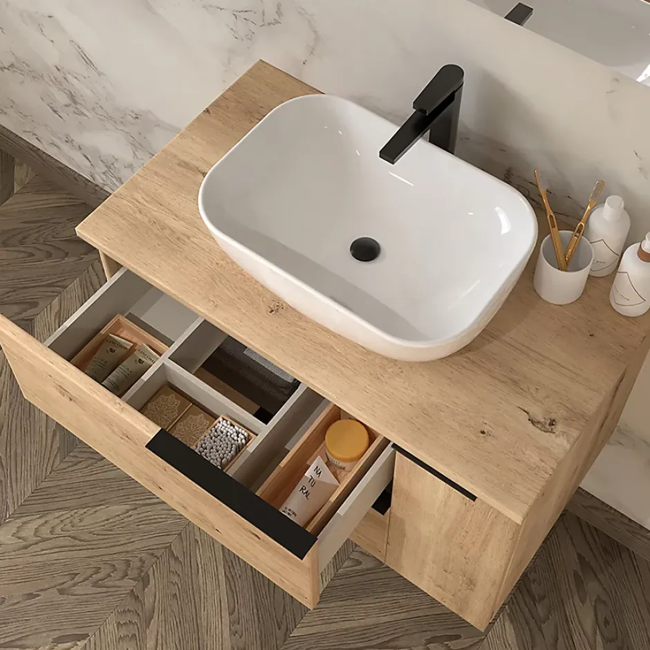 Cosyneo Ensemble meuble de salle de bain 80cm vasque déportée + colonne de rangement - KING - Roble (chêne clair)* Ensemble Meuble De Salle De Bains