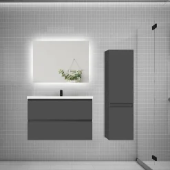 AICA Sanitaire Ensemble meuble de salle de bain et lavabo anthracite (L.80cm) 2 tiroirs + meuble haut + lavabo + miroir LED* Ensemble Meuble De Salle De Bains