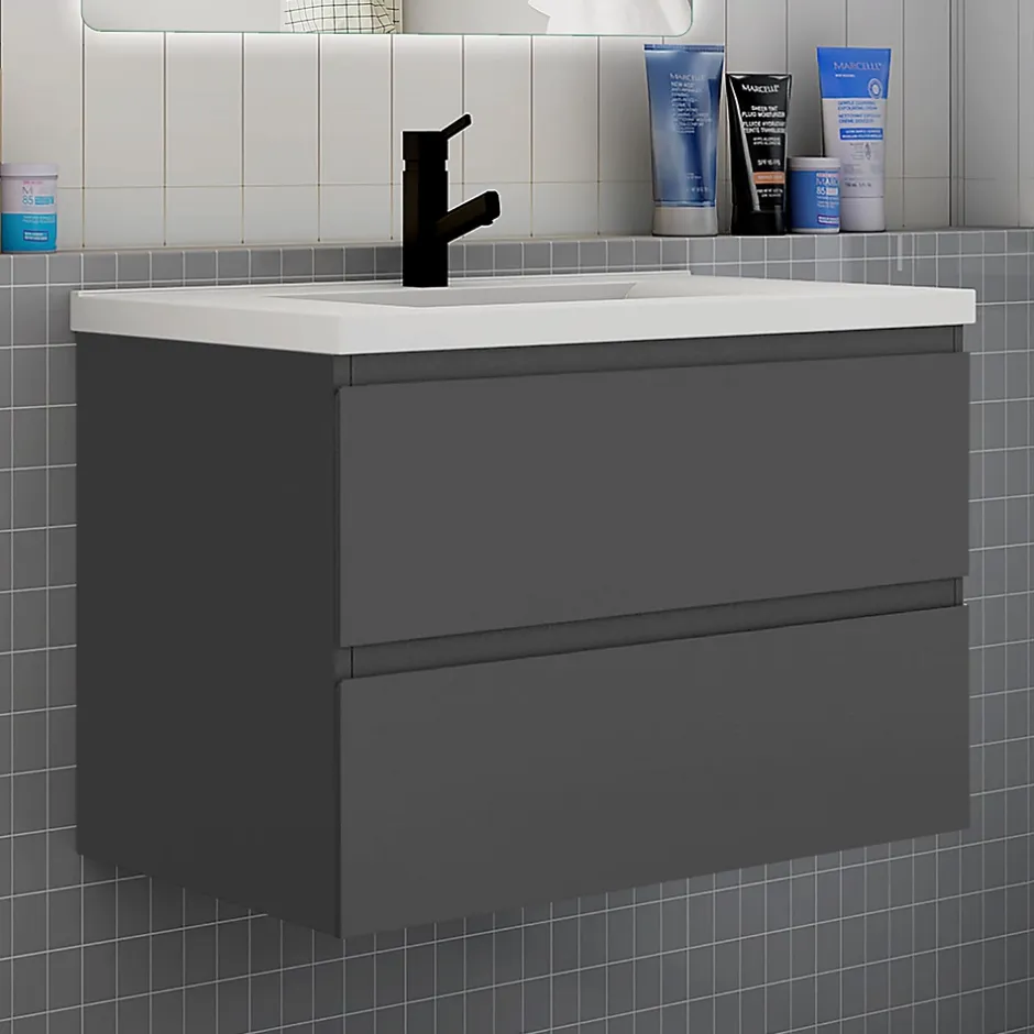 AICA Sanitaire Ensemble meuble de salle de bain et lavabo anthracite (L.80cm) 2 tiroirs + meuble haut + lavabo + miroir LED* Ensemble Meuble De Salle De Bains