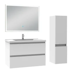 AICA Sanitaire Ensemble meuble de salle de bain 80cm, vasque céramique + colonne + miroir lumineux, blanc* Ensemble Meuble De Salle De Bains