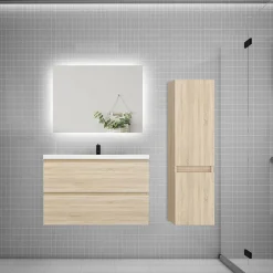 AICA Sanitaire Ensemble meuble de salle de bain et lavabo chêne (L.80cm) 2 tiroirs + meuble haut + lavabo + miroir LED* Ensemble Meuble De Salle De Bains