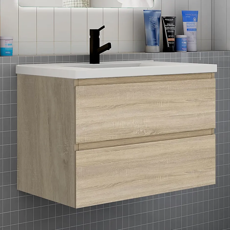 AICA Sanitaire Ensemble meuble de salle de bain et lavabo chêne (L.80cm) 2 tiroirs + meuble haut + lavabo + miroir LED* Ensemble Meuble De Salle De Bains