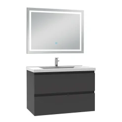 AICA Sanitaire Ensemble meuble de salle de bain avec tiroirs 80cm, vasque céramique et LED miroir, anthracite