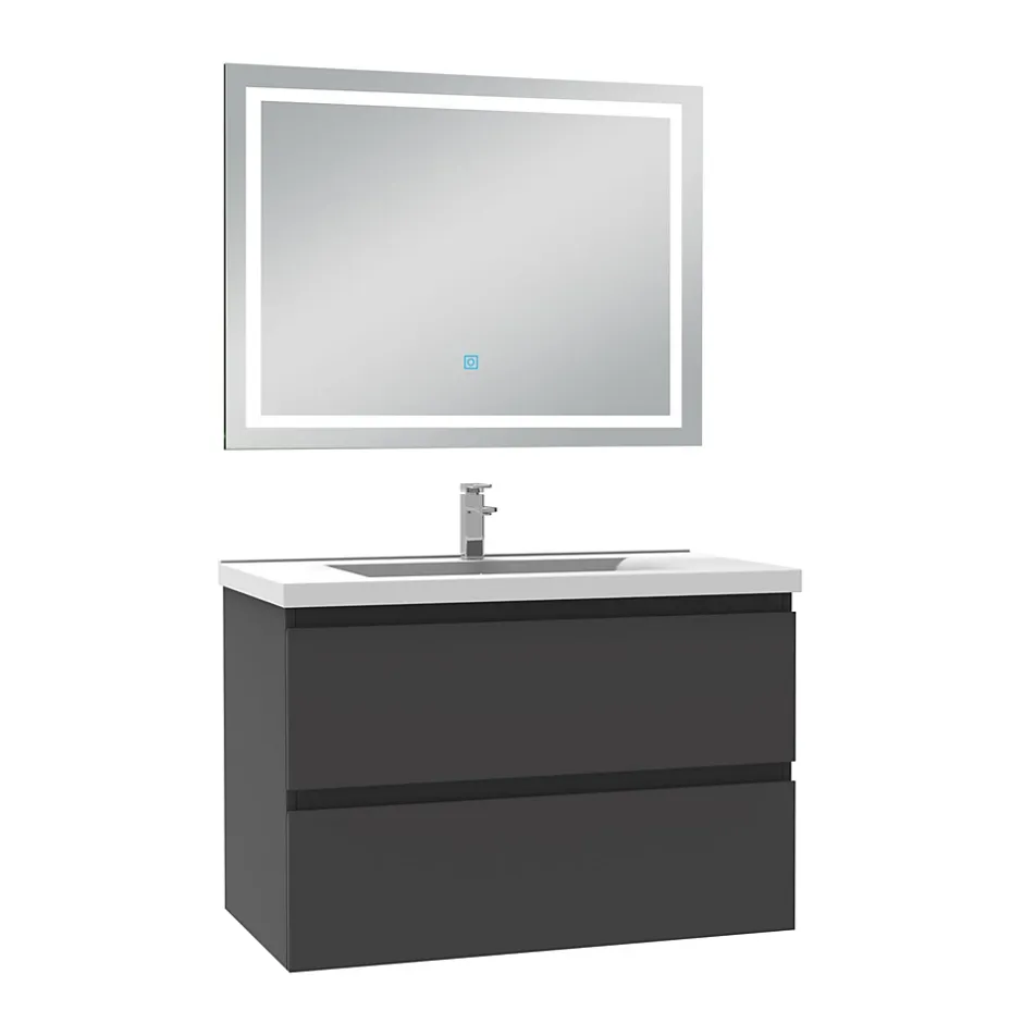 AICA Sanitaire Ensemble meuble de salle de bain avec tiroirs 80cm, vasque céramique et LED miroir, anthracite
