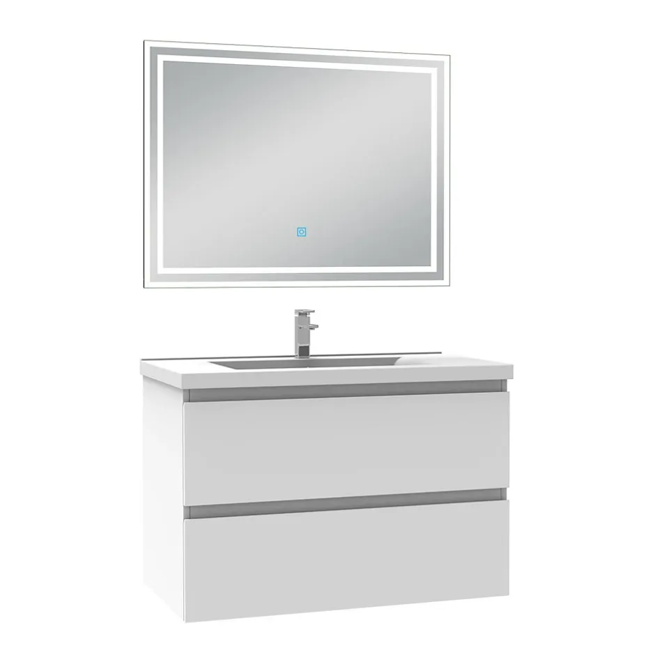 AICA Sanitaire Ensemble meuble de salle de bain 80cm, vasque céramique et LED miroir mural, blanc* Ensemble Meuble De Salle De Bains