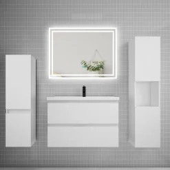 AICA Sanitaire Ensemble meuble de salle de bains 80cm, simple vasque et colonne et LED miroir,blanc