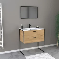 Aurlane Ensemble meuble de salle de bain 80x45cm style industriel couleur chene naturel - vasque blanche* Ensemble Meuble De Salle De Bains