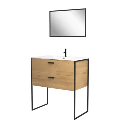 Aurlane Ensemble meuble de salle de bain 80x45cm style industriel couleur chene naturel - vasque blanche* Ensemble Meuble De Salle De Bains
