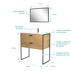 Aurlane Ensemble meuble de salle de bain 80x45cm style industriel couleur chene naturel - vasque blanche* Ensemble Meuble De Salle De Bains