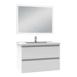 AICA Sanitaire Ensemble meuble de salle de bain 80cm, vasque céramique et LED miroir rectangulaire, blanc* Ensemble Meuble De Salle De Bains