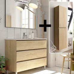 Cosyneo Ensemble meuble de salle de bain 100cm simple vasque + colonne de rangement PALMA - bambou (chêne clair)