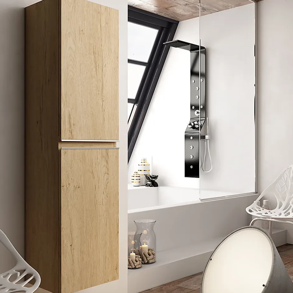 Cosyneo Ensemble meuble de salle de bain 100cm simple vasque + colonne de rangement PALMA - bambou (chêne clair)