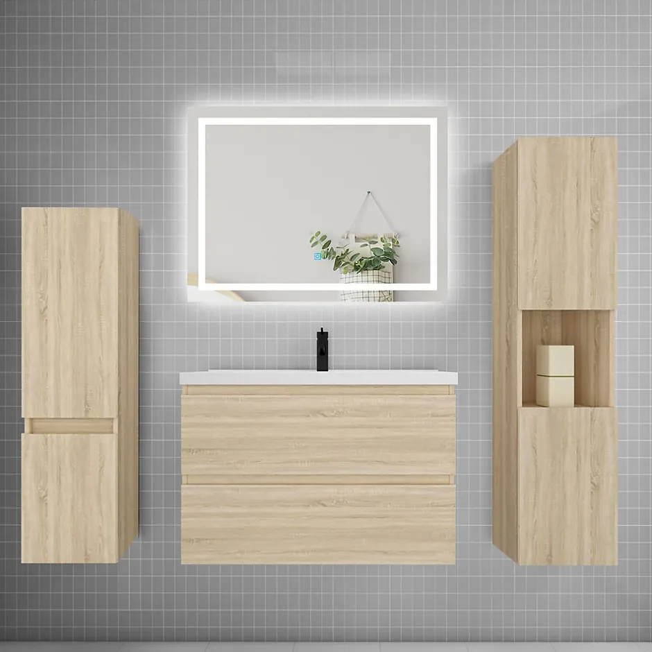AICA Sanitaire Ensemble meuble de salle de bains 80cm, vasque et colonne et LED miroir,chêne
