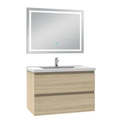 AICA Sanitaire Ensemble meuble de salle de bain avec tiroirs 80cm, vasque céramique et LED miroir, chêne* Ensemble Meuble De Salle De Bains
