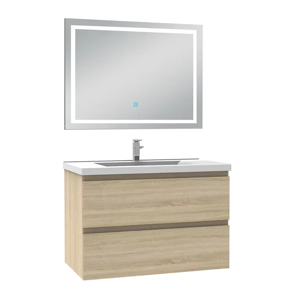 AICA Sanitaire Ensemble meuble de salle de bain avec tiroirs 80cm, vasque céramique et LED miroir, chêne* Ensemble Meuble De Salle De Bains