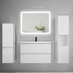 AICA Sanitaire Ensemble meuble de salle de bains 80cm, simple vasque et colonne et LED miroir rectangulaire,blanc* Ensemble Meuble De Salle De Bains