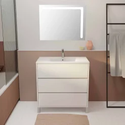 Aurlane Ensemble Meuble de salle de bain blanc 80 cm sur pied 3 tiroirs + vasque ceramique blanche + miroir* Ensemble Meuble De Salle De Bains