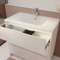 Aurlane Ensemble Meuble de salle de bain blanc 80 cm sur pied 3 tiroirs + vasque ceramique blanche + miroir* Ensemble Meuble De Salle De Bains