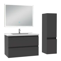 AICA Sanitaire Ensemble meuble de salle de bain 80cm, vasque céramique + colonne + miroir lumineux, anthracite